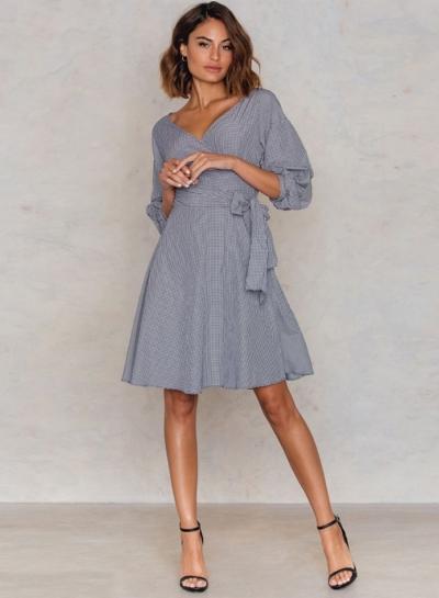Oasap Plaid V Neck Lantern Sleeve A-line Dress
