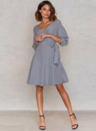 Oasap Plaid V Neck Lantern Sleeve A-line Dress