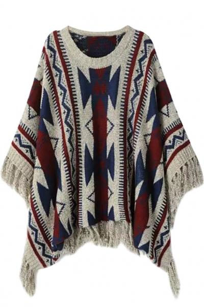 Oasap Geo Print Pullover Batwing Fringe Knit Sweater
