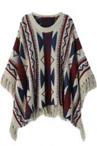 Oasap Geo Print Pullover Batwing Fringe Knit Sweater