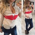 Oasap Stand Collar Long Sleeve Striped Splicing Pullover Coat