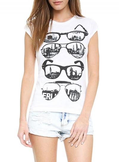 Oasap Women's Fashion Cap Sleeve Glasses Printed Summer Tee