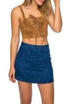 Oasap Women Faux Suede Lace-up Front Spaghetti Strap Crop Top