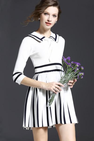 Oasap Elegant Printing Turn-down Collar Bowknot Dress