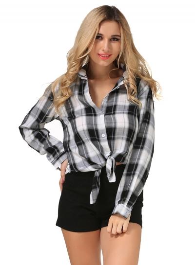 Oasap Long Sleeve Lace Panel Hollow Out Button Down Plaid Shirt