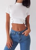 Oasap Mock Neck Short Sleeve Side Lace Up Crop Top