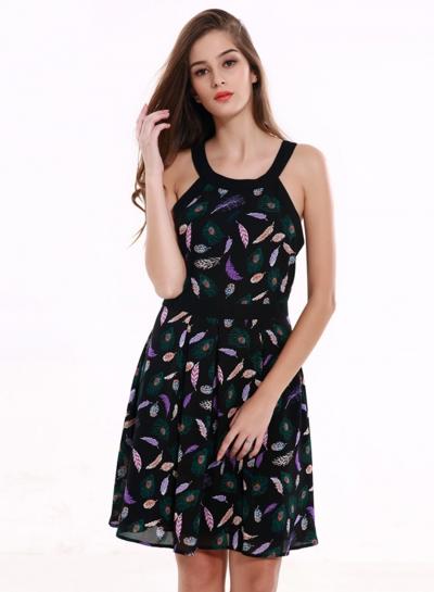 Oasap Fashion Round Neck Printed Chiffon Dress