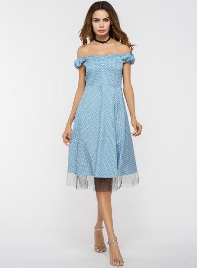 Oasap Off Shoulder Polka Dot Net Yarn Splicing Dress