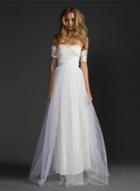 Oasap Off Shoulder Short Sleeve Mesh Maxi Wedding Dress