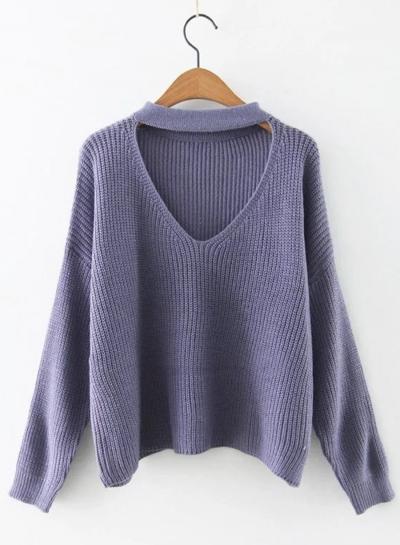 Oasap Halter V Neck Long Sleeve Solid Sweater