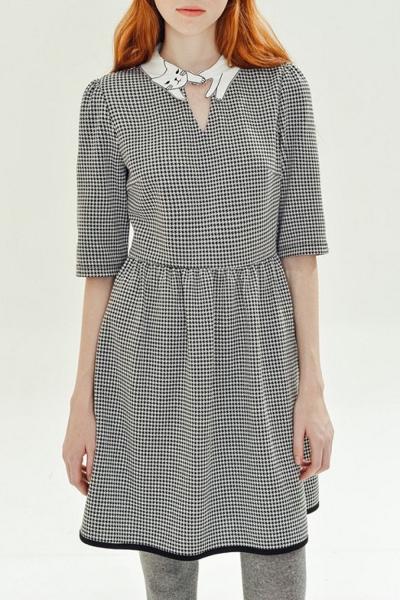 Oasap Cute Cat Collar Houndstooth Print A-line Mini Dress