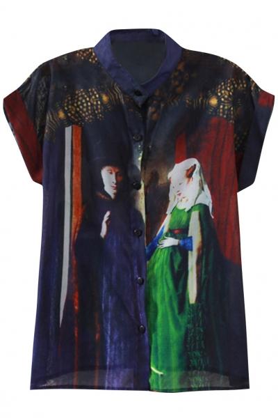 Oasap Baroque Nobility Couple Print Short Sleeve Shirt