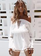 Oasap Off Shoulder Long Sleeve Tie Waist Mini Dress With Tassel