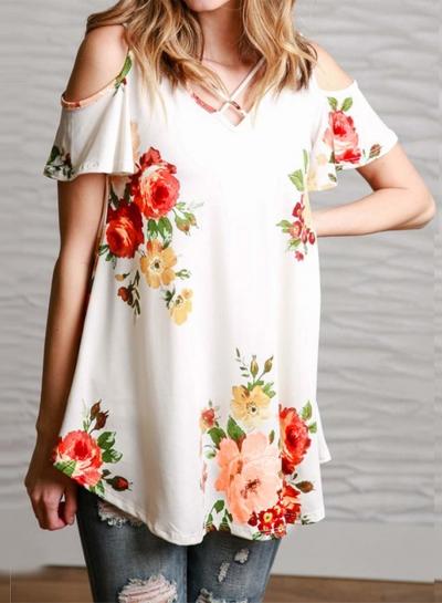 Oasap V Neck Cold Shoulder Short Sleeve Floral Printed Tee
