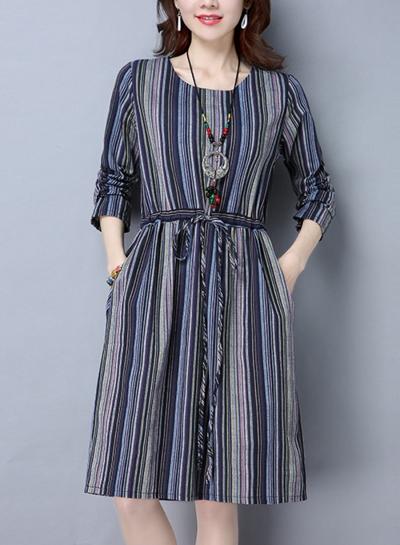 Oasap Long Sleeve Round Neck Striped Dress