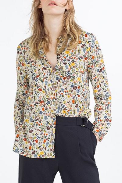Oasap Fancy Floral Print Long Sleeve Stand Collar Button Down Shirt