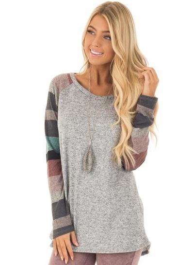 Oasap Round Neck Striped Long Sleeve Pullover Tee Shirt