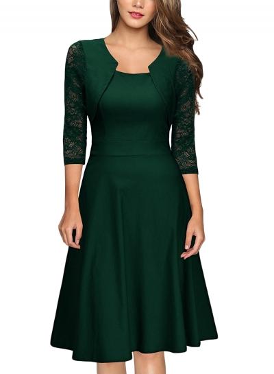 Oasap Square Neck Three Quarter Length Sleeve Lace Dress