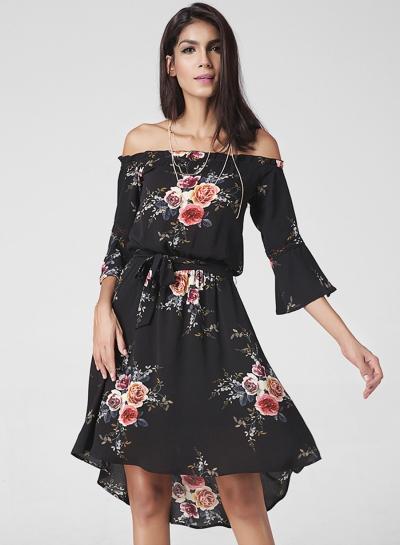 Oasap Casual Off Shoulder Floral Irregular Dress With Belt