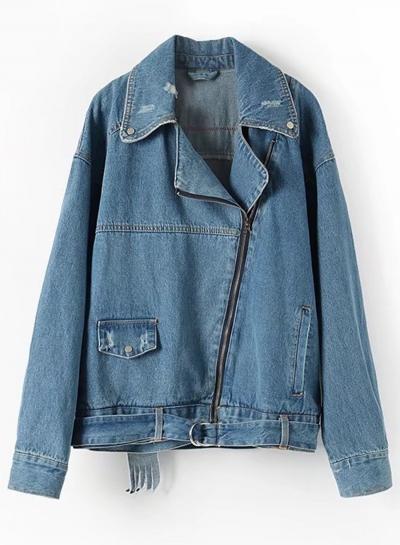 Oasap Long Sleeve Back Applique Zipper Denim Coat