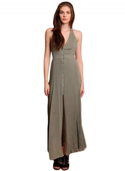 Oasap V Neck Sleeveless Backless High Slit Solid Maxi Dress