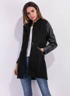 Oasap Turn Down Collar Long Sleeve Pu Leather Splicing Wool Coat