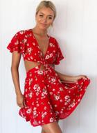Oasap V Neck Short Sleeve Backless Floral Printed Dress