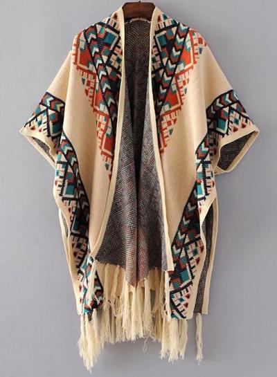 Oasap Open Front Geometric Printed Cloak Cardigan