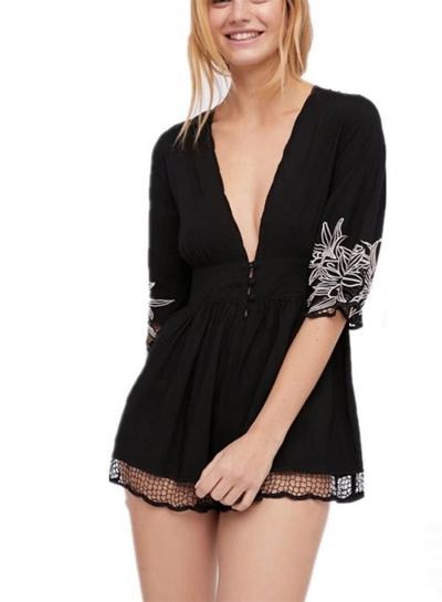 Oasap V Neck Floral Embroidery Jumpsuit
