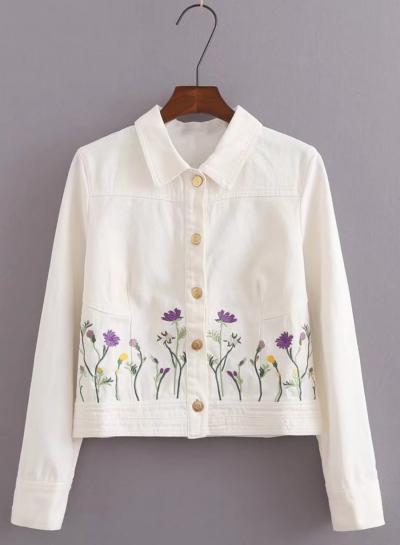 Oasap Turn Down Collar Floral Embroidery Denim Coats