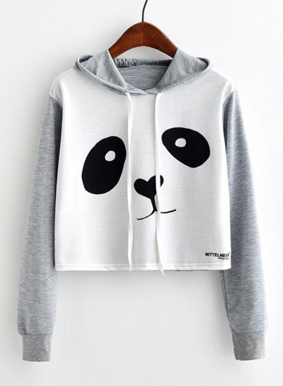 Oasap Panda Printed Long Sleeve Crop Top Hoodie