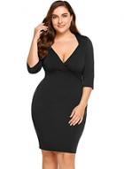 Oasap Womem's V Neck Three Quarter Length Sleeve Solid Color Plus Size Dress