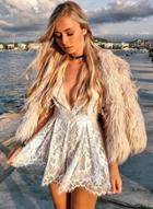 Oasap Deep V Neck Lace Solid Shorts Set Rompers