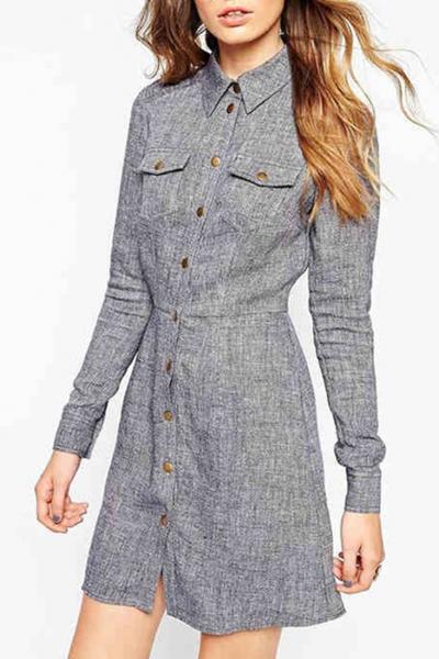 Oasap Boyfriend Style Rivet Button Down Stand Collar Dress