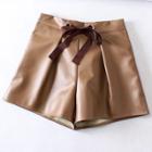 Oasap Pu Leather Solid Color Drawstring Shorts