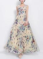 Oasap Off Shoulder Sleeveless High Waist Butterfly Print Maxi Dress