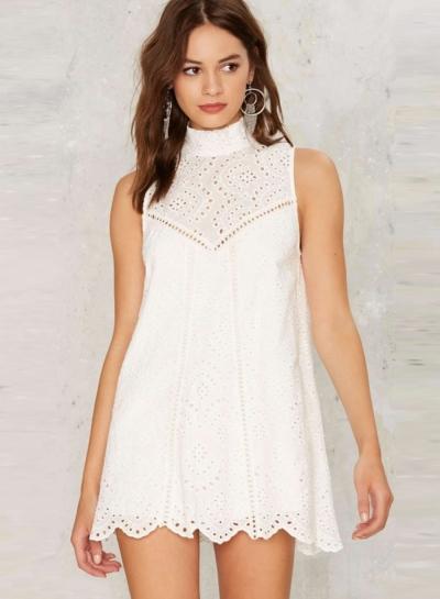 Oasap Mock Neck Sleeveless Lace Scalloped Hem Mini Dress