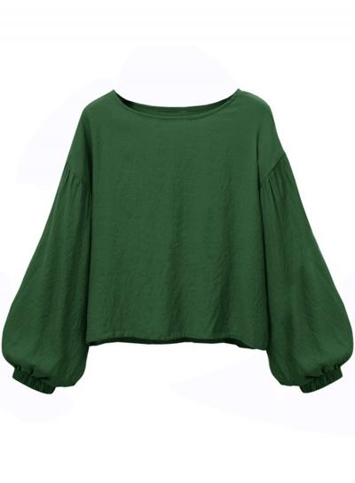 Oasap Round Neck Lantern Sleeve Solid Color Tee Shirt
