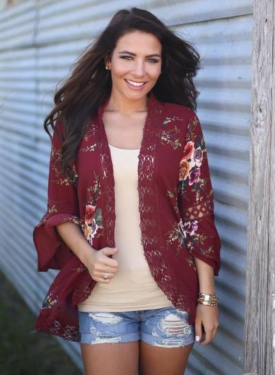 Oasap Open Front Flounce Hem Floral Printed Coat