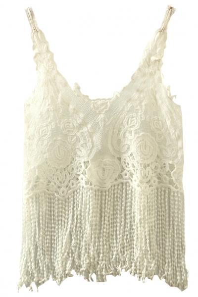 Oasap Floral Lace Crochet Spaghetti Strap Tasseled Crop Top