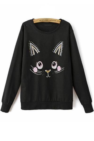 Oasap Playful Cat Black Sweatshirt