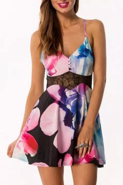 Oasap Chic Blooming Lace Paneled Spaghetti Strap Trapeze Dress