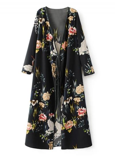 Oasap V Neck Long Sleeve Crane Print Chiffon Dress