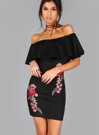 Oasap Off Shoulder Ruffle Floral Embroidery Bodycon Dress