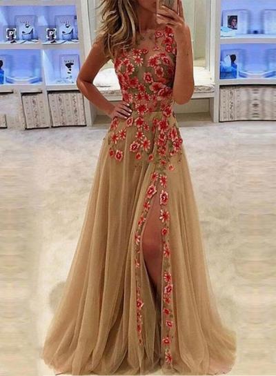 Oasap Round Neck Sleeveless Floral Embroidery Slit Evening Dresses