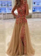 Oasap Round Neck Sleeveless Floral Embroidery Slit Evening Dresses