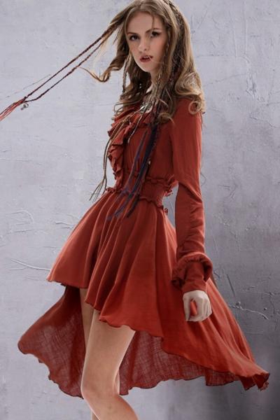 Oasap Elegant Lace-up Front Flouncing Asymmetric Elastic Waist Dress
