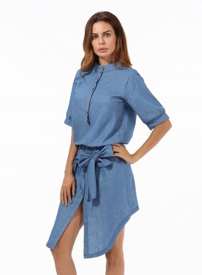 Oasap Stand Collar Half Sleeve Elastic Waist Denim Dress