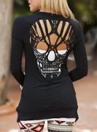 Oasap Long Sleeve Back Skull Hollow Out Open Front Cardigan