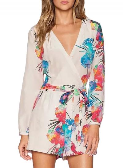 Oasap Women's Fashion V-neck Long Sleeve Print Romper With Belt